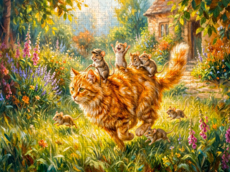 Mäuse reiten fröhlich auf der Katze durch den bunten Gartenspaß