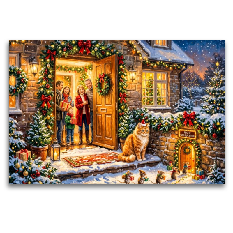 Weihnachtsszene mit Katze, Mäusen und Cottagehaus voller festlicher Freude