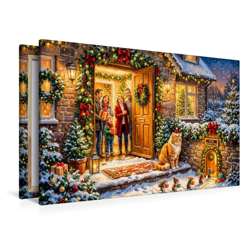 Weihnachtsszene mit Katze, Mäusen und Cottagehaus voller festlicher Freude