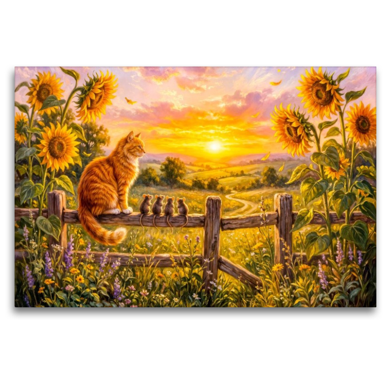 Katze und Mäuse schauen vom Zaunpfahl in sommerlichen Sonnenuntergang