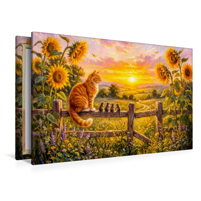 Katze und Mäuse schauen vom Zaunpfahl in sommerlichen Sonnenuntergang