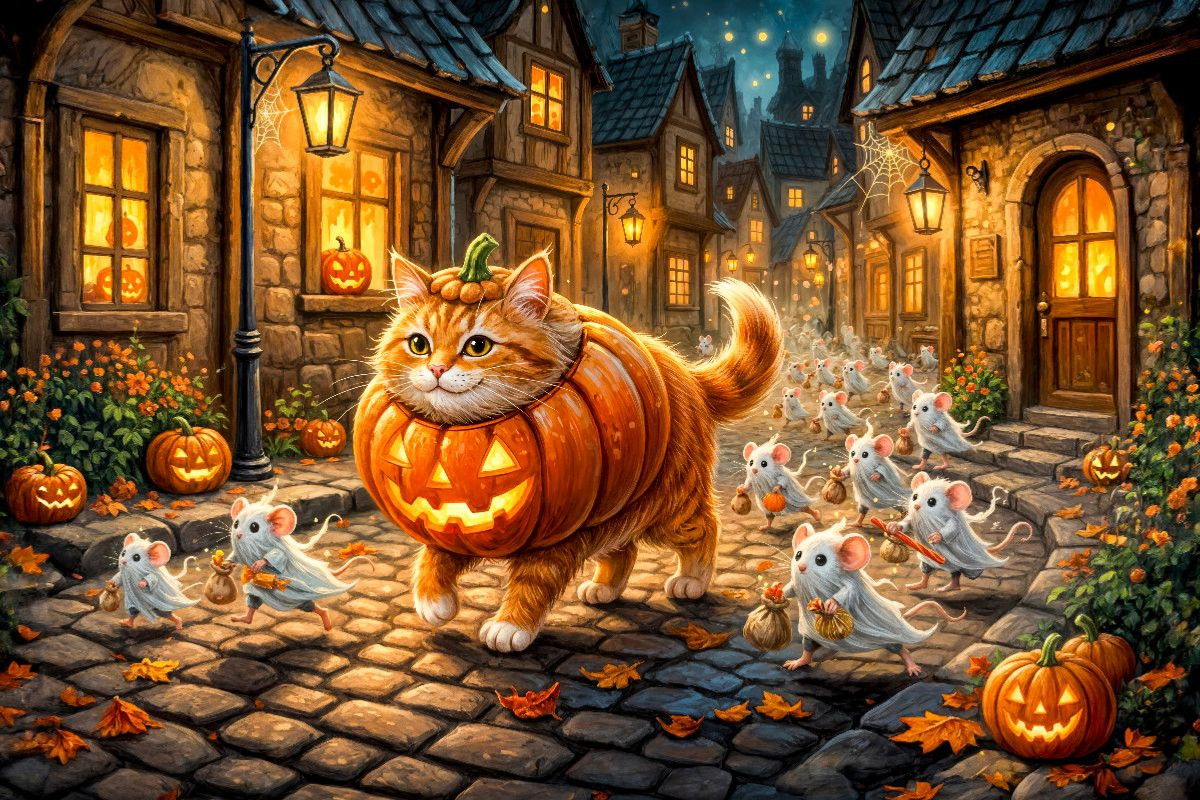 Katze und Mäuse ziehen gemeinsam im Halloweenkostüm durch die Stadt