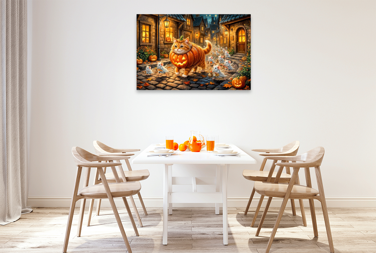 Katze und Mäuse ziehen gemeinsam im Halloweenkostüm durch die Stadt