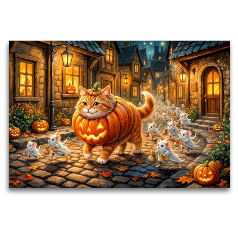 Katze und Mäuse ziehen gemeinsam im Halloweenkostüm durch die Stadt