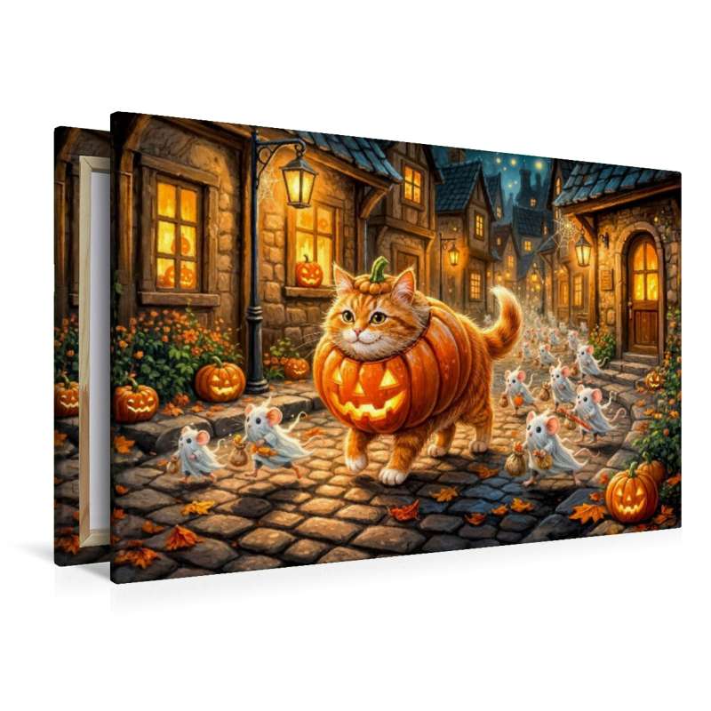Katze und Mäuse ziehen gemeinsam im Halloweenkostüm durch die Stadt