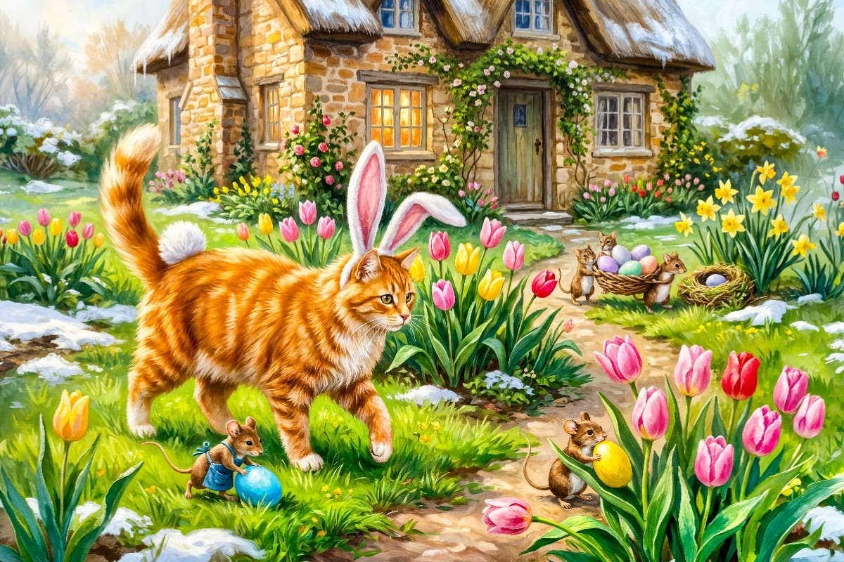 Katze mit Osterohren und Mäusen im frühlingshaften Cottagegarten unterwegs