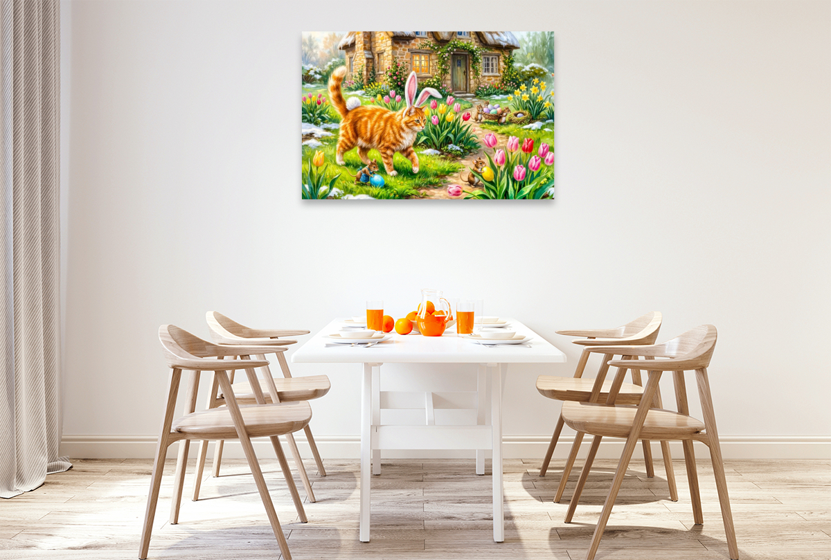 Katze mit Osterohren und Mäusen im frühlingshaften Cottagegarten unterwegs