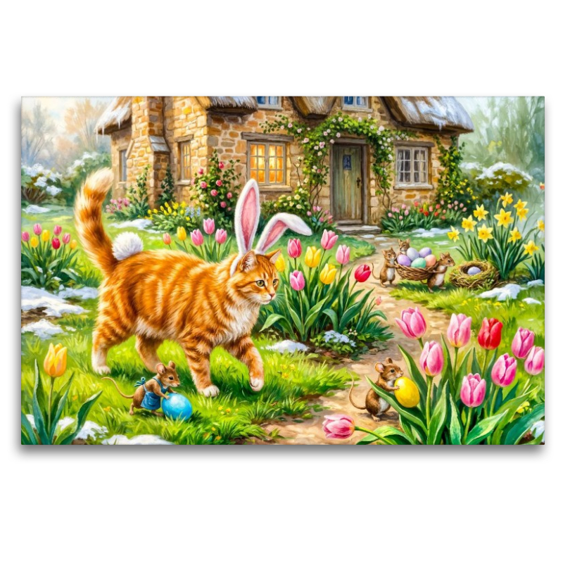 Katze mit Osterohren und Mäusen im frühlingshaften Cottagegarten unterwegs