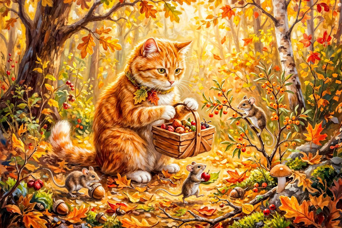 Katze hilft Mäusen beim Sammeln herbstlicher Waldvorräte für den Winter