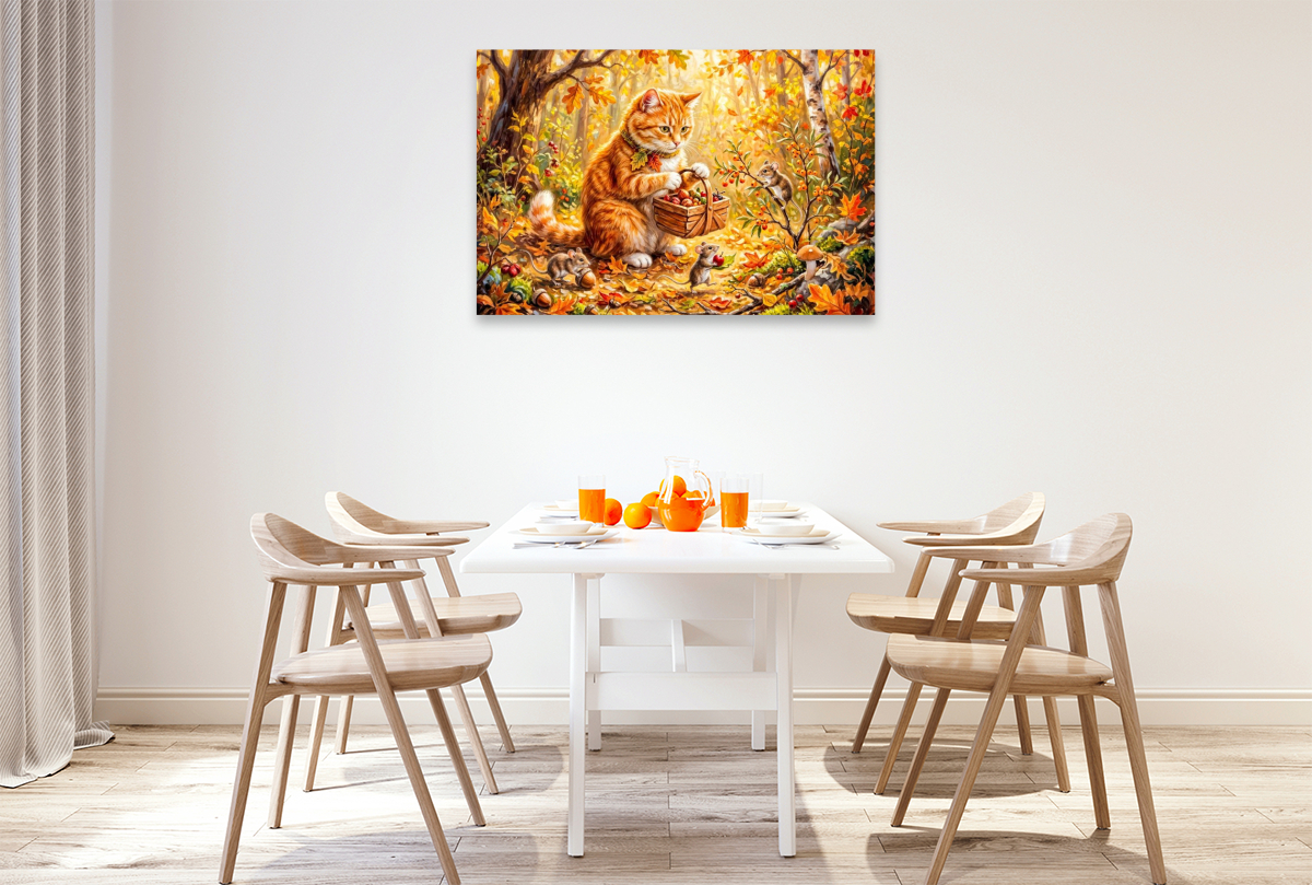 Katze hilft Mäusen beim Sammeln herbstlicher Waldvorräte für den Winter