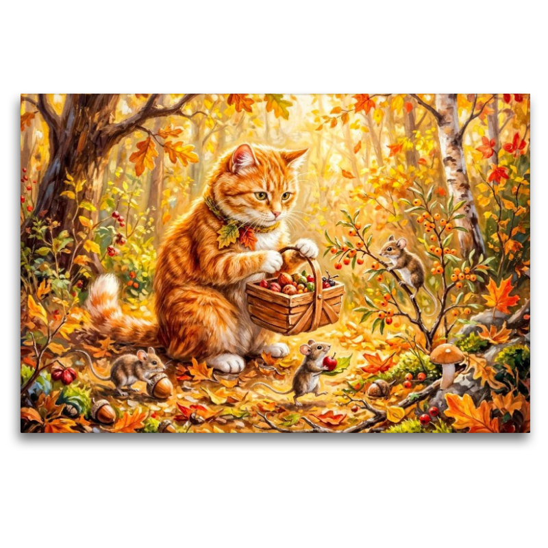 Katze hilft Mäusen beim Sammeln herbstlicher Waldvorräte für den Winter