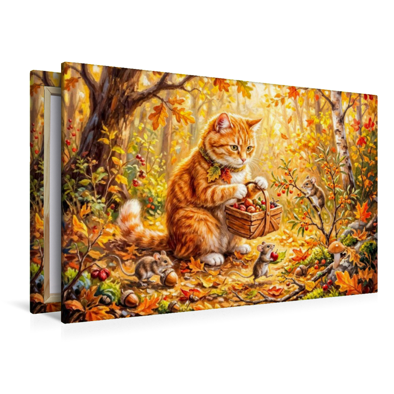 Katze hilft Mäusen beim Sammeln herbstlicher Waldvorräte für den Winter