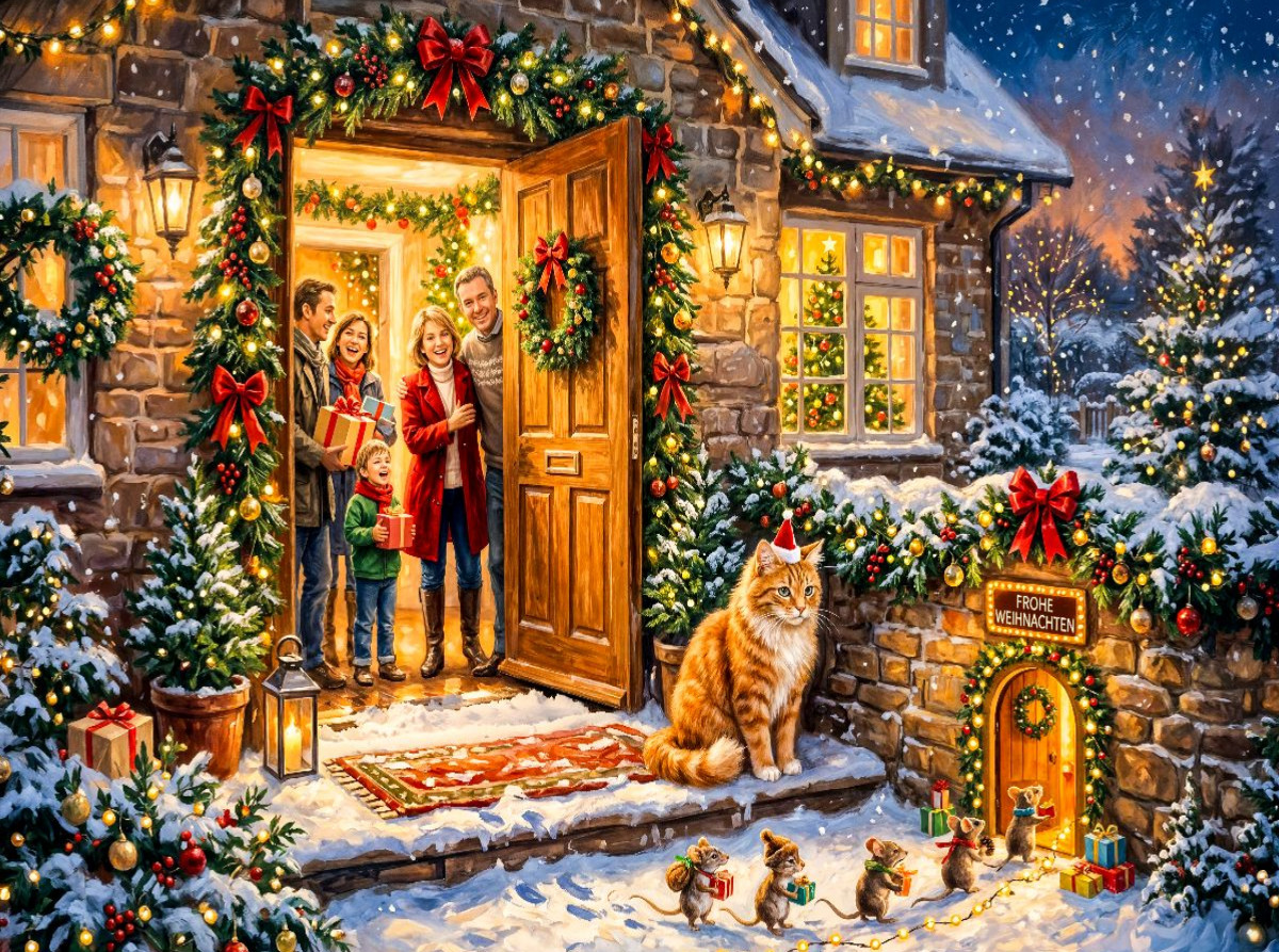 Weihnachtsszene mit Katze, Mäusen und Cottagehaus voller festlicher Freude