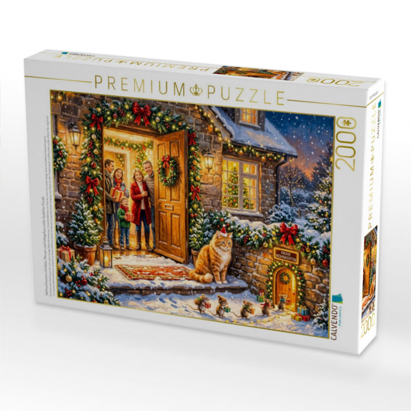 Weihnachtsszene mit Katze, Mäusen und Cottagehaus voller festlicher Freude