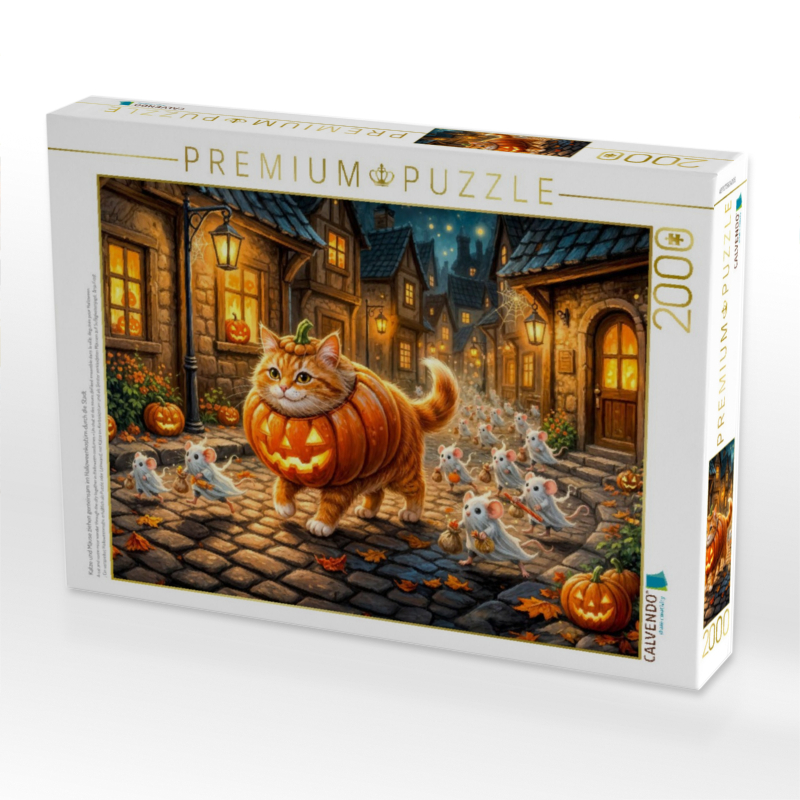Katze und Mäuse ziehen gemeinsam im Halloweenkostüm durch die Stadt
