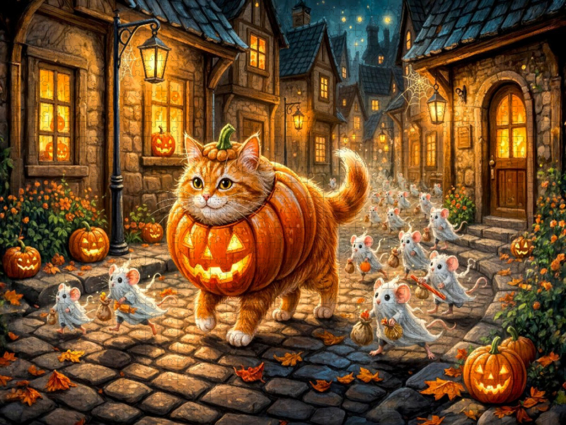 Katze und Mäuse ziehen gemeinsam im Halloweenkostüm durch die Stadt