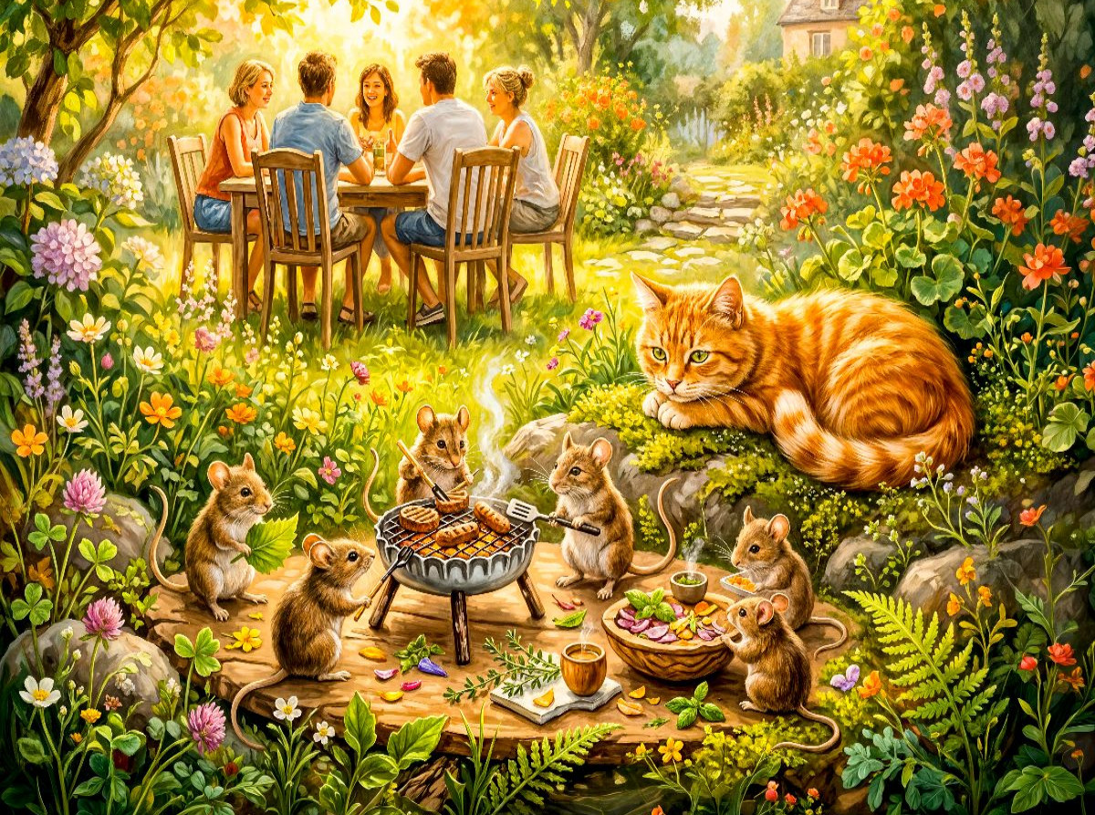Mäuse feiern verstecktes Grillfest mit Katze und sommerlicher Gartenidylle
