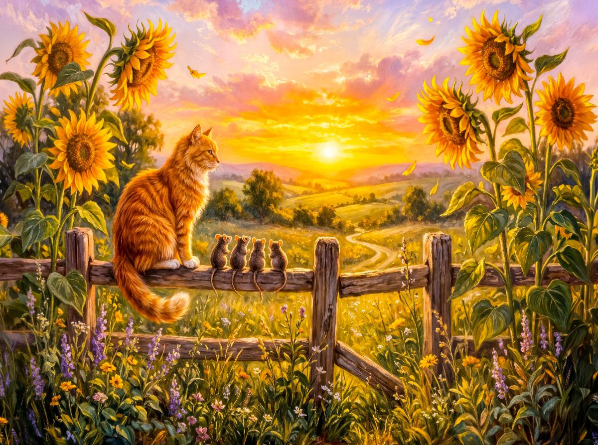 Katze und Mäuse schauen vom Zaunpfahl in sommerlichen Sonnenuntergang