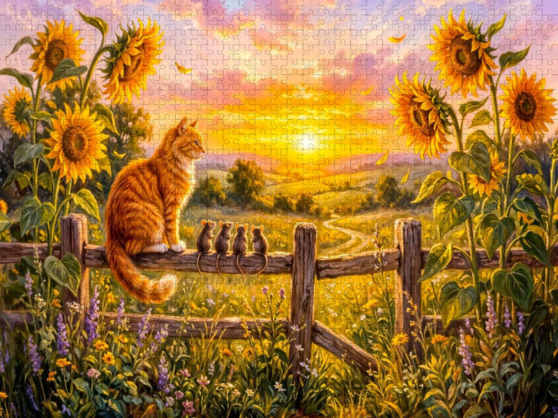 Katze und Mäuse schauen vom Zaunpfahl in sommerlichen Sonnenuntergang