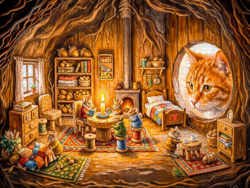 Katze entdeckt gemütliche Mäusewohnung mit Bettchen und kleinem Korkentisch