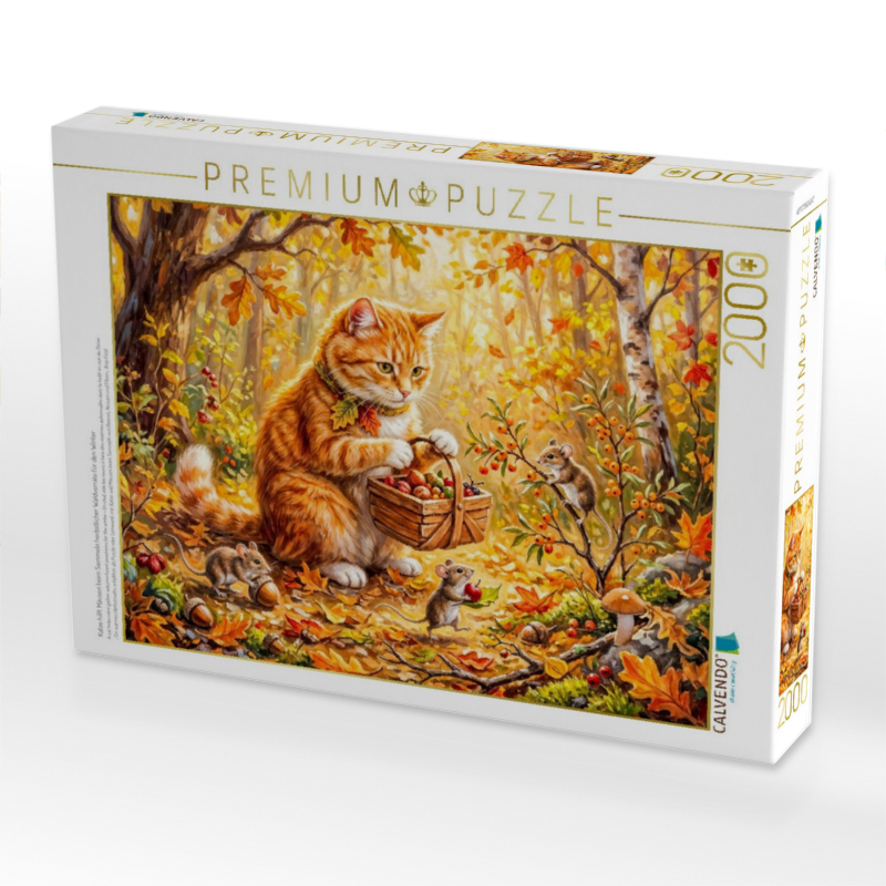 Katze hilft Mäusen beim Sammeln herbstlicher Waldvorräte für den Winter