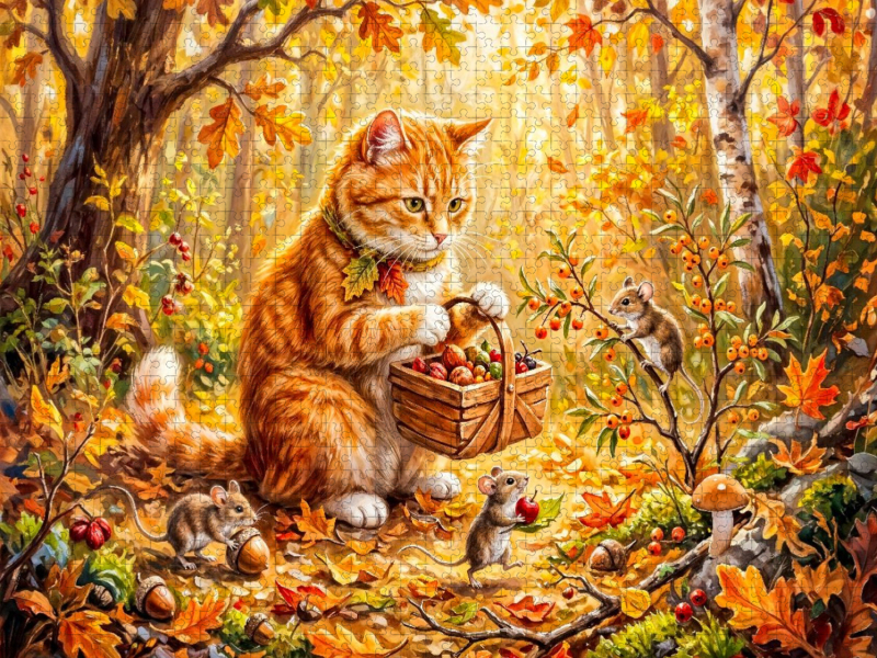 Katze hilft Mäusen beim Sammeln herbstlicher Waldvorräte für den Winter