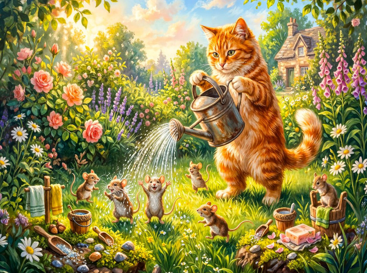 Katze duscht Mäuse im sommerlichen Cottagegarten für fröhlichen Badespaß