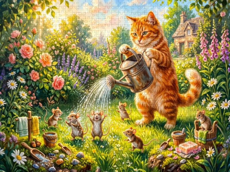 Katze duscht Mäuse im sommerlichen Cottagegarten für fröhlichen Badespaß