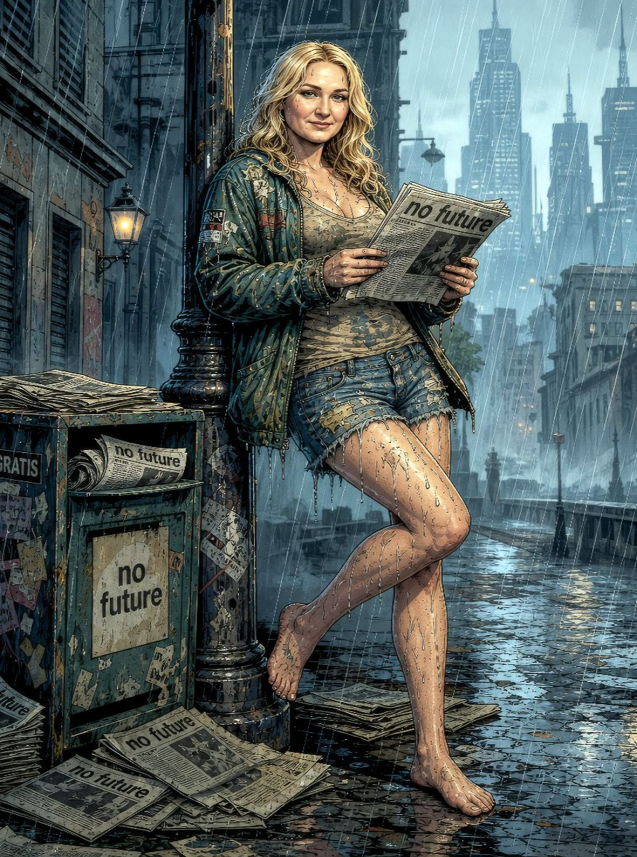 Nachdenkliche Bridget: Schlagzeilen ohne Hoffnung im Regen.