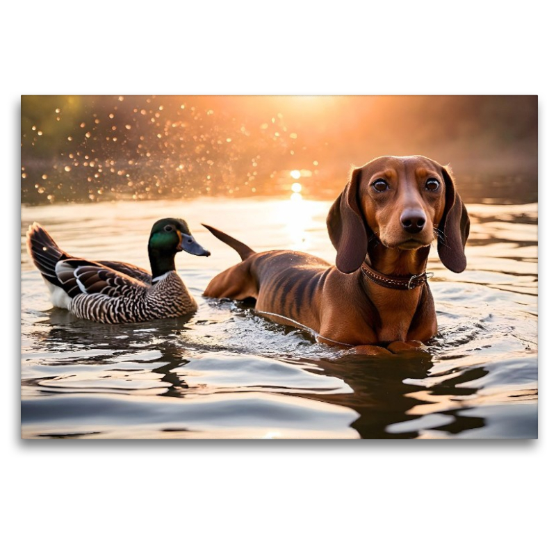 Dackel und Ente schwimmen im Wasser