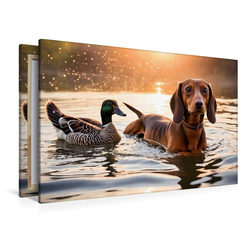 Dackel und Ente schwimmen im Wasser