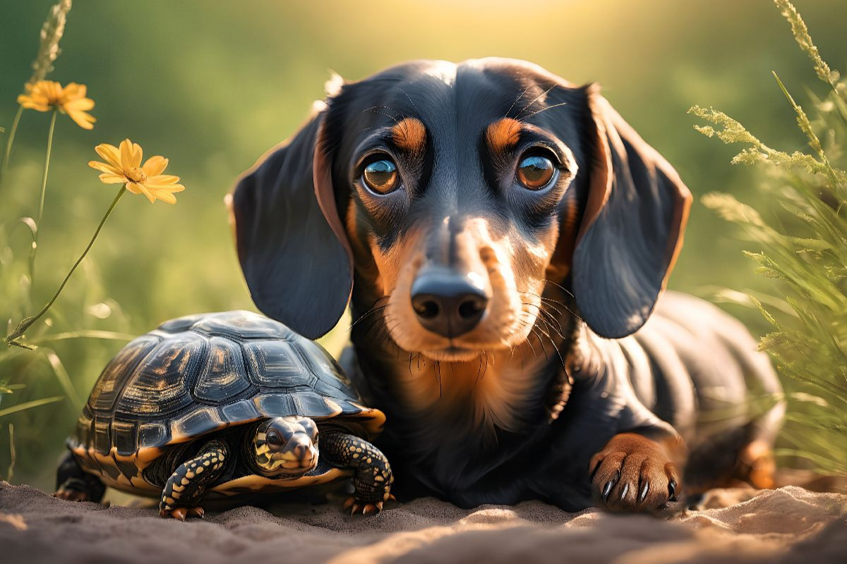 Dackel und Schildkröte genießen den warmen Tag