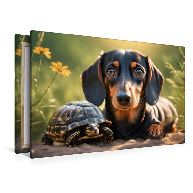 Dackel und Schildkröte genießen den warmen Tag