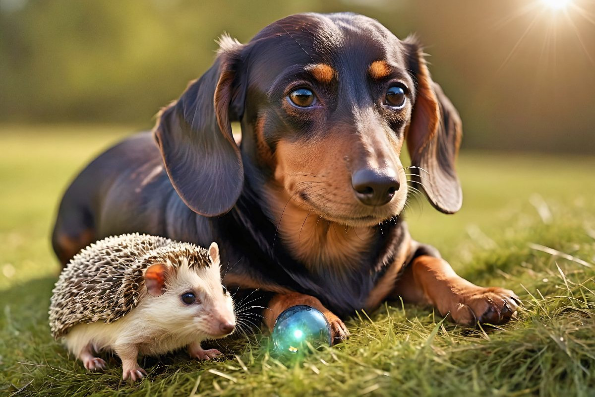 Dackel und Igel im Gras