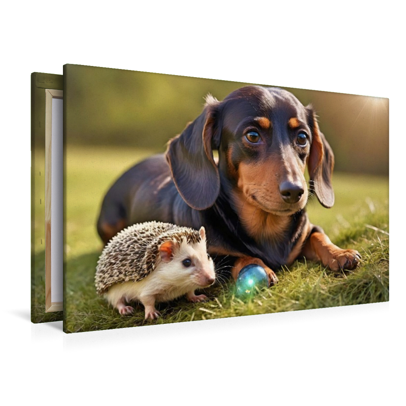 Dackel und Igel im Gras