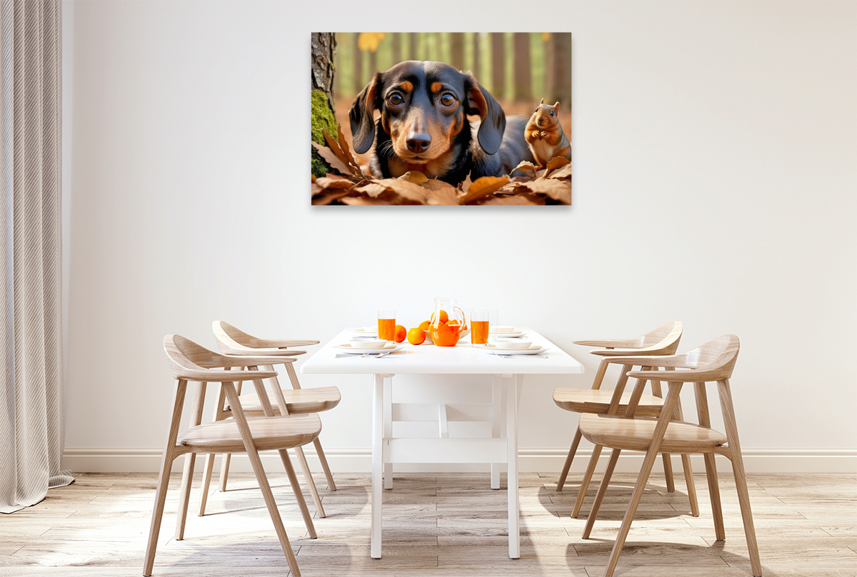 Dackel und Eichhörnchen im Herbstlaub
