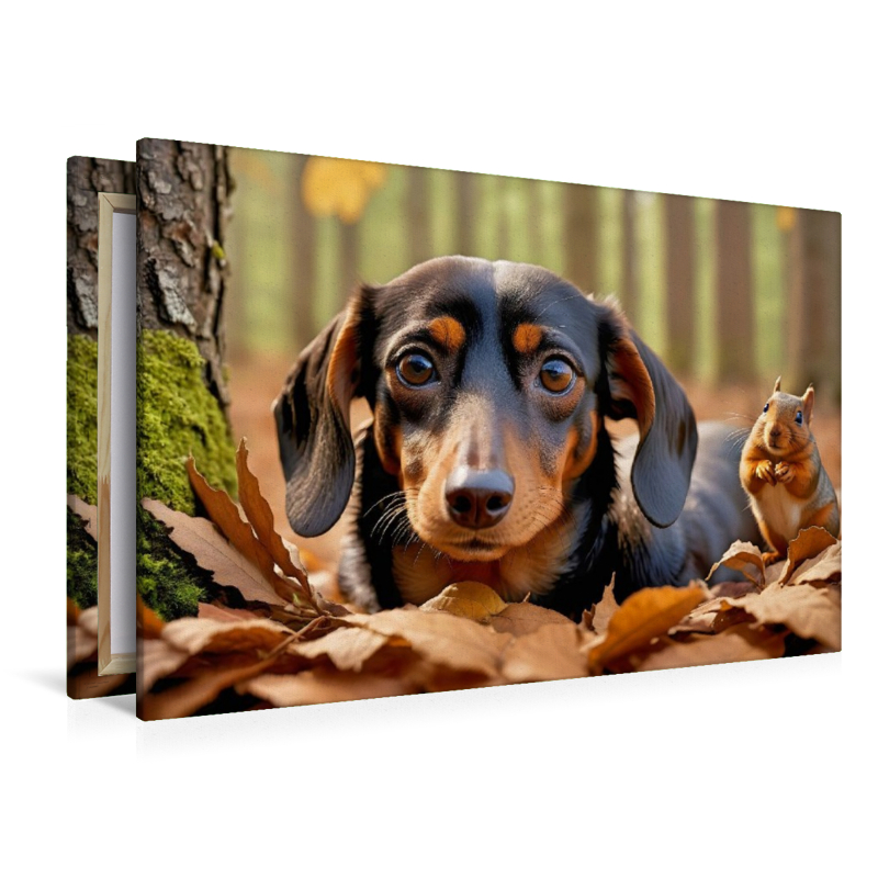 Dackel und Eichhörnchen im Herbstlaub