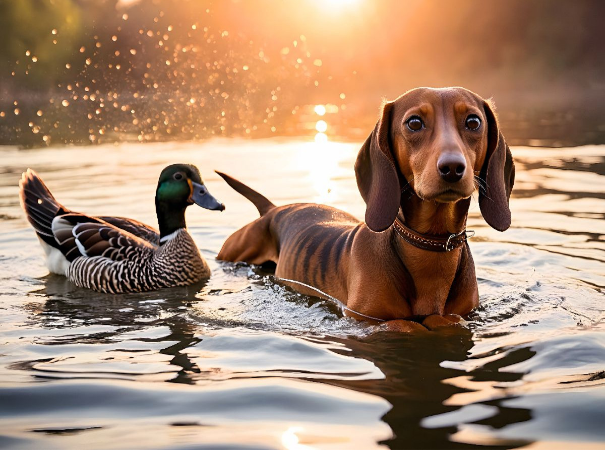 Dackel und Ente schwimmen im Wasser