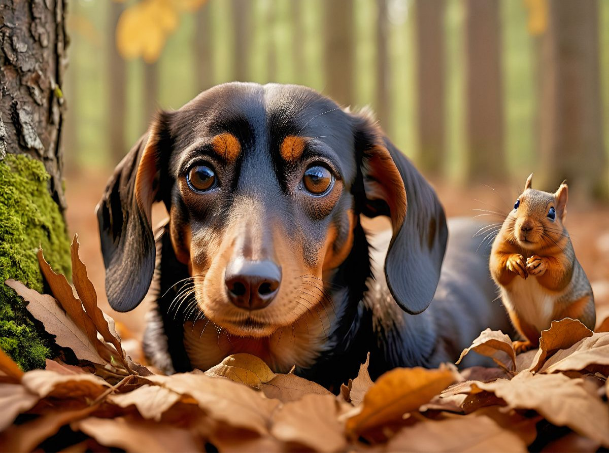 Dackel und Eichhörnchen im Herbstlaub