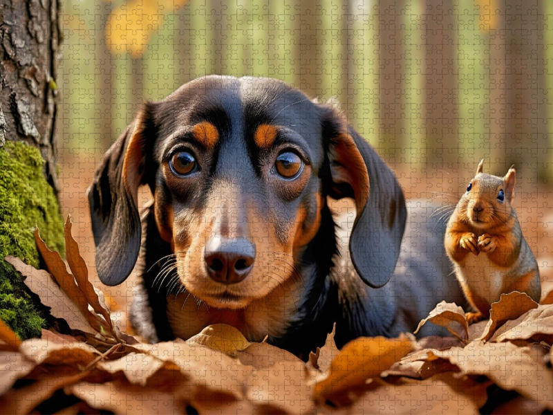 Dackel und Eichhörnchen im Herbstlaub