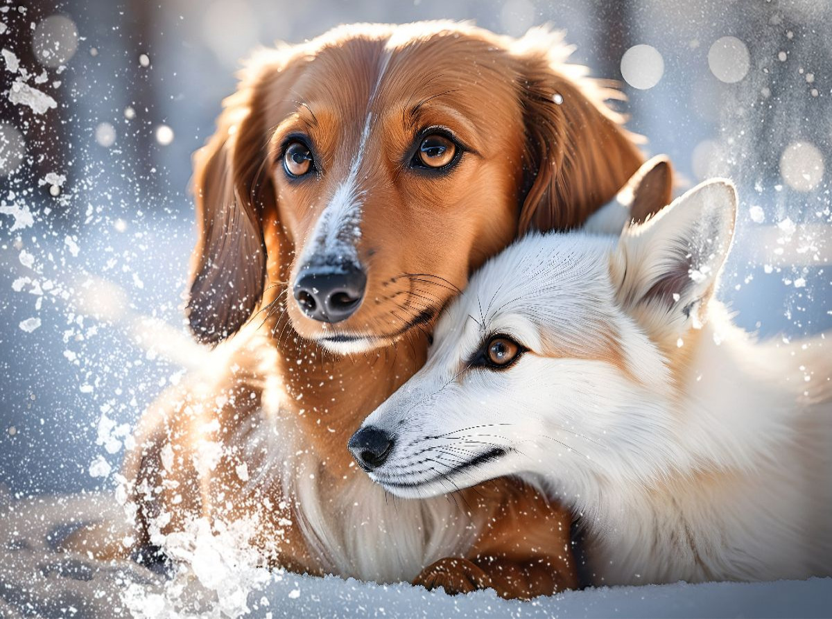 Dackel und Fuchs im winterlichen Schneetraum