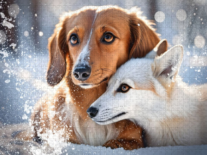 Dackel und Fuchs im winterlichen Schneetraum