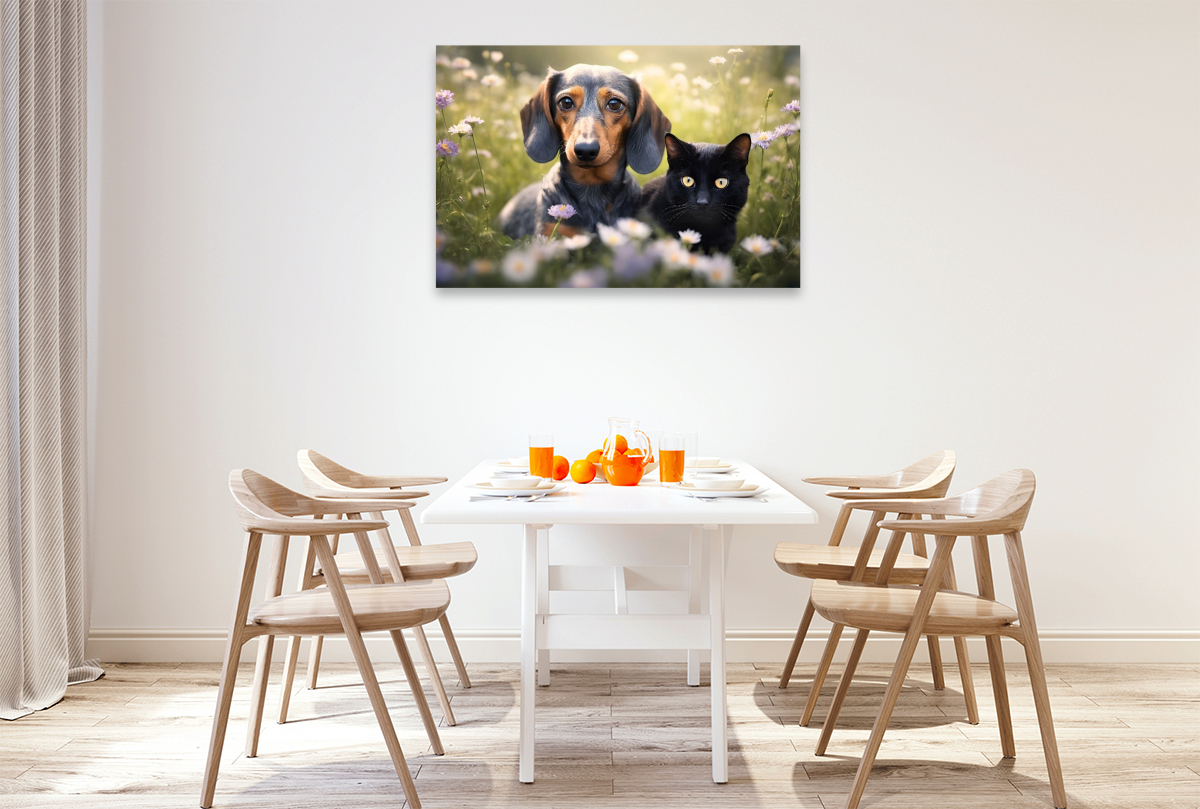 Dackel und eine schwarze Katze faulenzen auf einer Blumenwiese