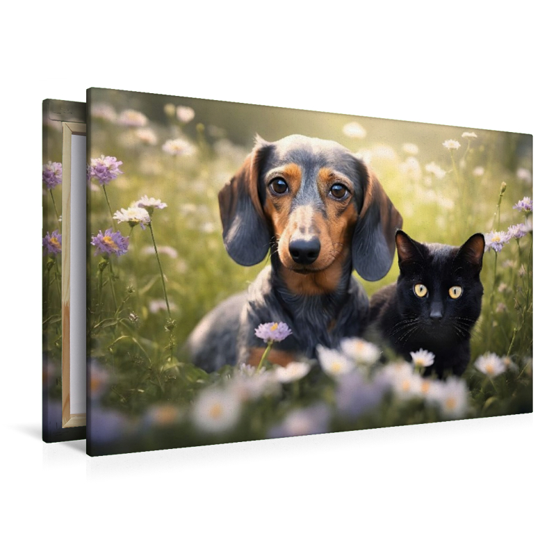 Dackel und eine schwarze Katze faulenzen auf einer Blumenwiese