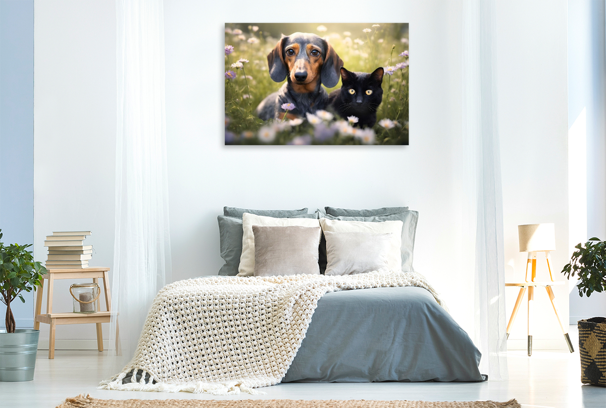 Dackel und eine schwarze Katze faulenzen auf einer Blumenwiese