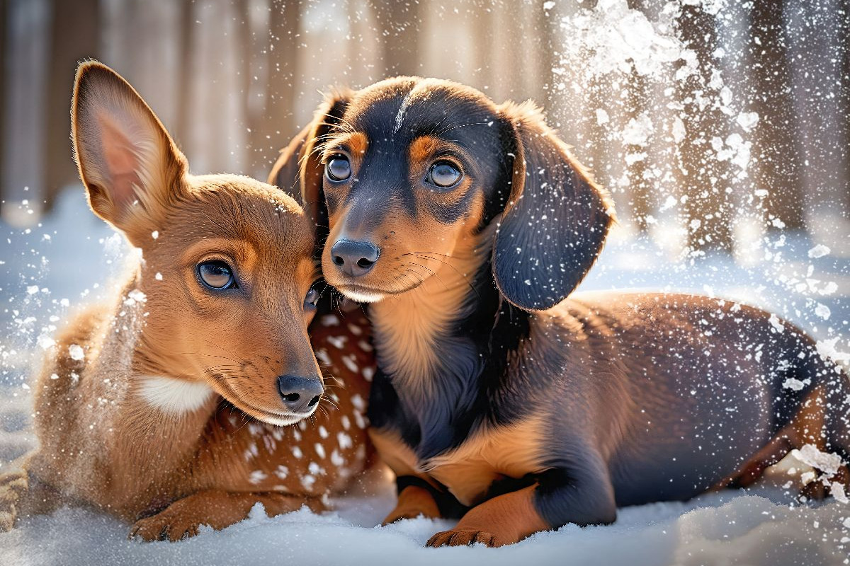Dackel und Rehkitz kuscheln im verschneiten Winterwald