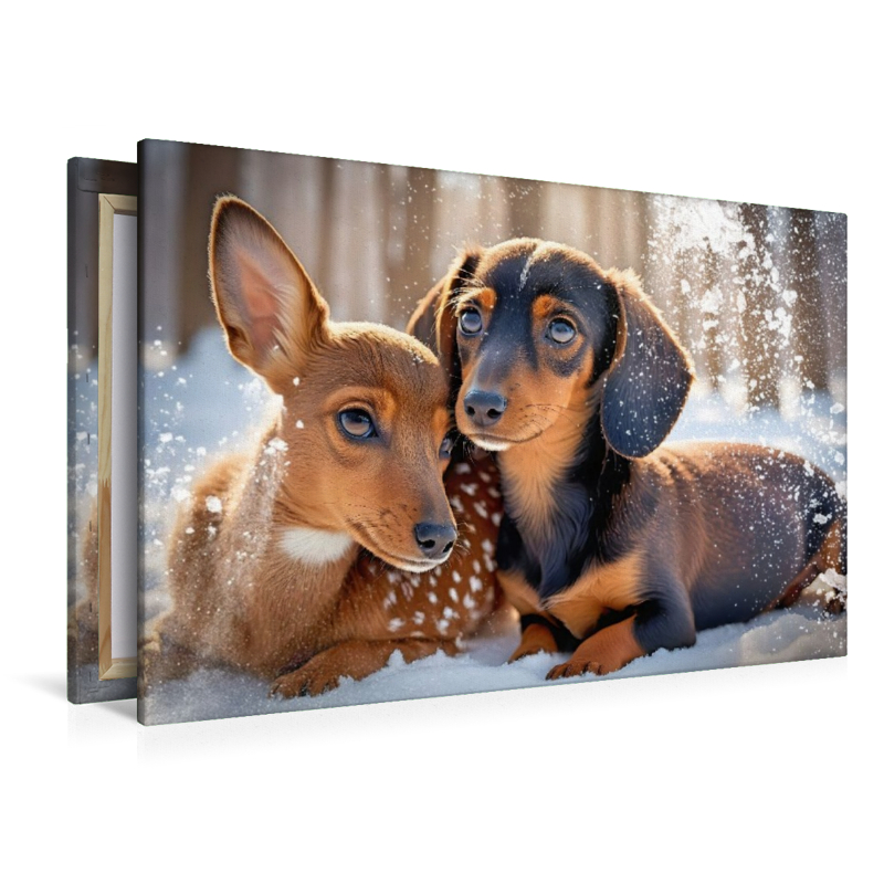 Dackel und Rehkitz kuscheln im verschneiten Winterwald