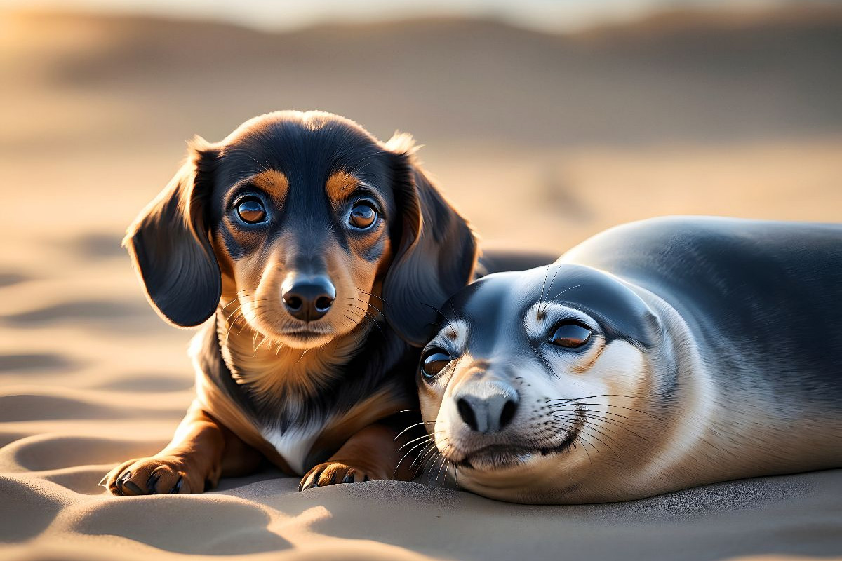 Dackelwelpe kuschelt mit kleinem Seehund am Strand