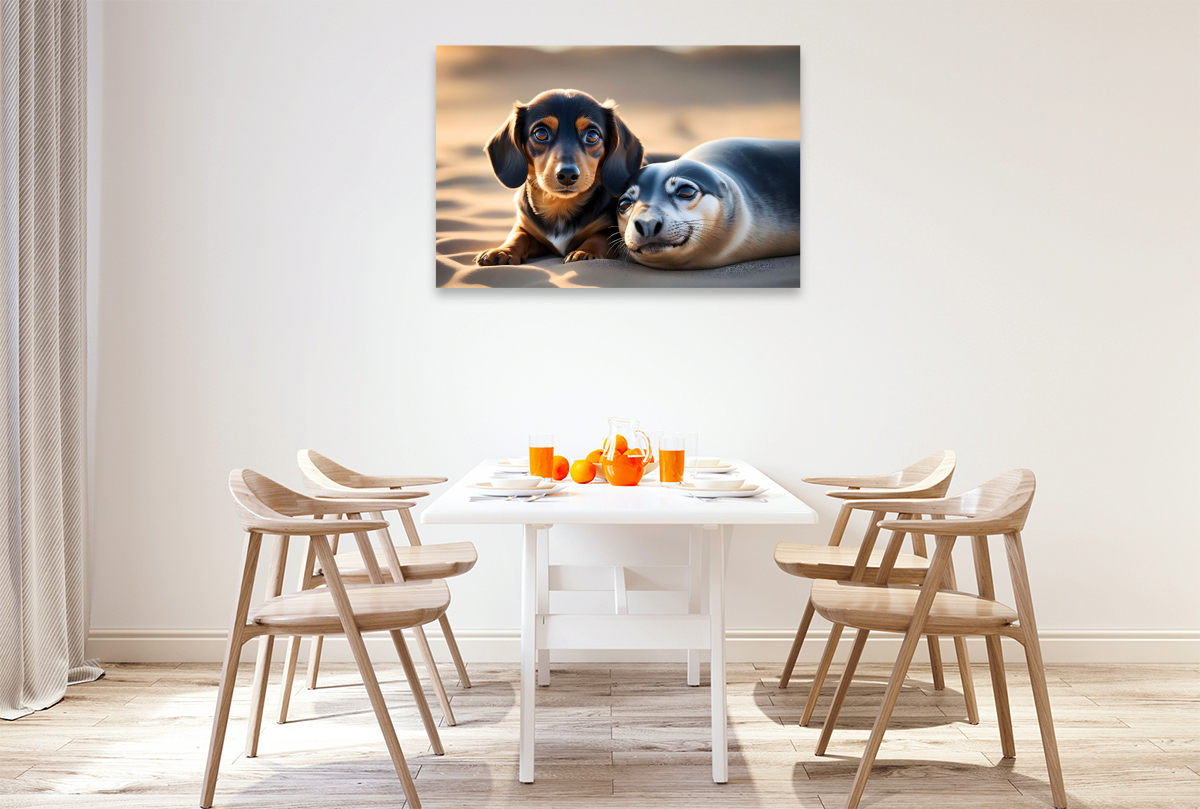 Dackelwelpe kuschelt mit kleinem Seehund am Strand