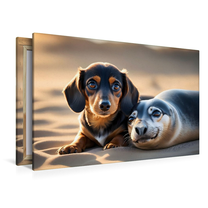 Dackelwelpe kuschelt mit kleinem Seehund am Strand